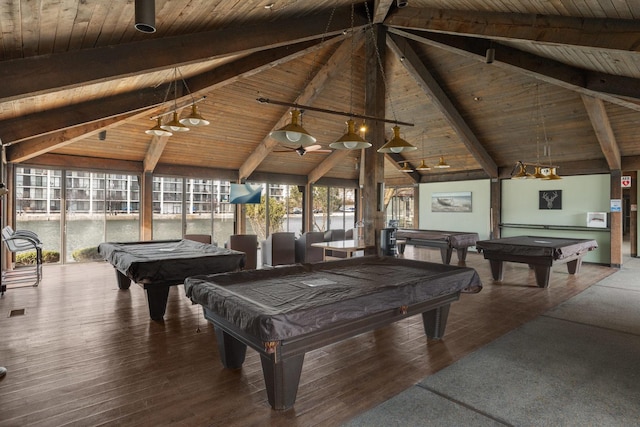 rec room with lofted ceiling with beams, pool table, and wooden ceiling