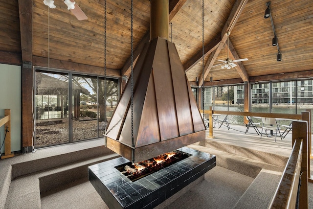 sunroom / solarium with beamed ceiling and rail lighting