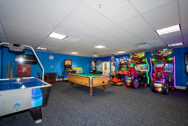 playroom featuring pool table, carpet, visible vents, and a drop ceiling