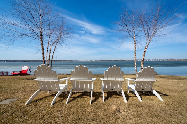 view of property's community with a yard and a water view