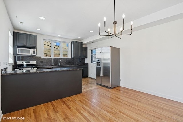 kitchen featuring tasteful backsplash, a peninsula, light wood-style floors, stainless steel appliances, and a sink