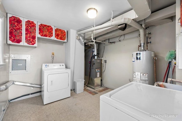 washroom with gas water heater, washer / clothes dryer, light floors, and laundry area