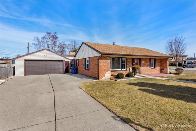 ranch-style house featuring an outbuilding, a front lawn, fence, a garage, and brick siding