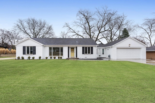 ranch-style home with driveway, roof with shingles, an attached garage, a front lawn, and brick siding