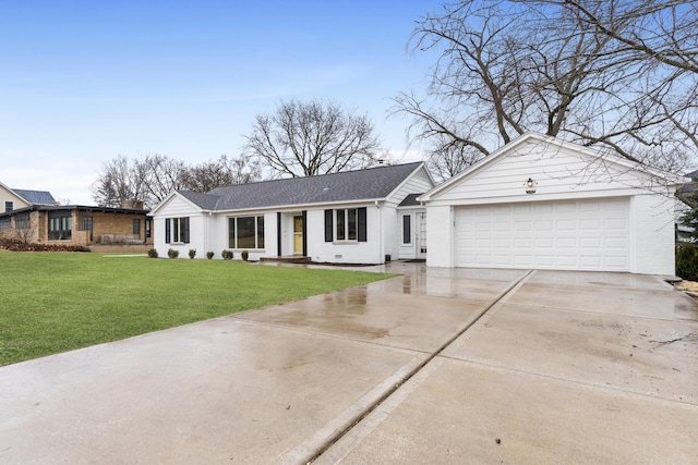 single story home featuring a garage, concrete driveway, a front yard, and roof with shingles