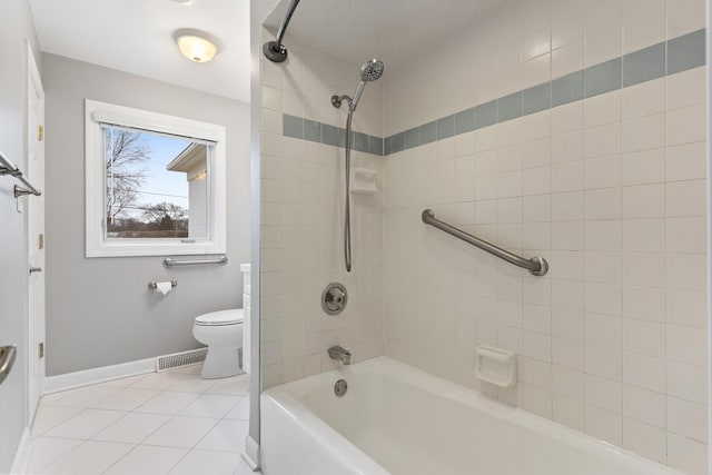 full bathroom featuring visible vents, baseboards,  shower combination, tile patterned flooring, and toilet