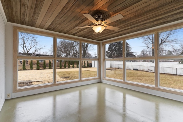 unfurnished sunroom featuring a ceiling fan and wood ceiling