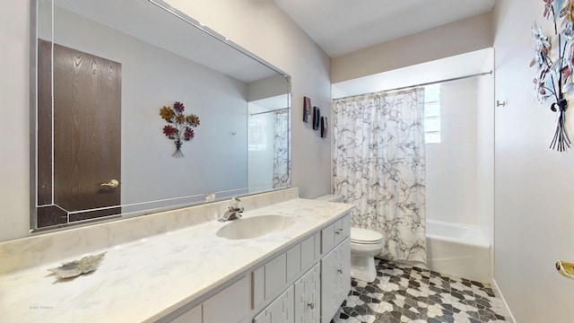 bathroom featuring shower / bathtub combination with curtain, toilet, and vanity