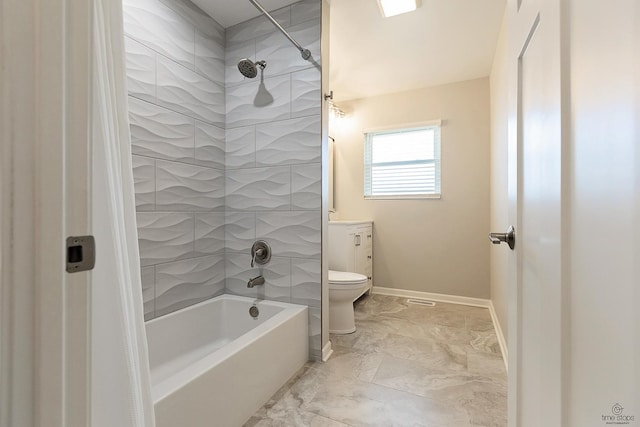 bathroom with tub / shower combination, baseboards, toilet, and vanity