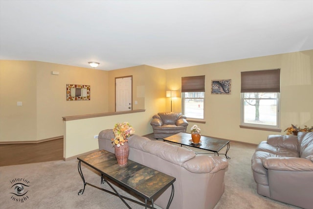 living area with light carpet and baseboards