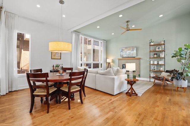 dining area featuring recessed lighting, baseboards, light wood-style floors, and ceiling fan