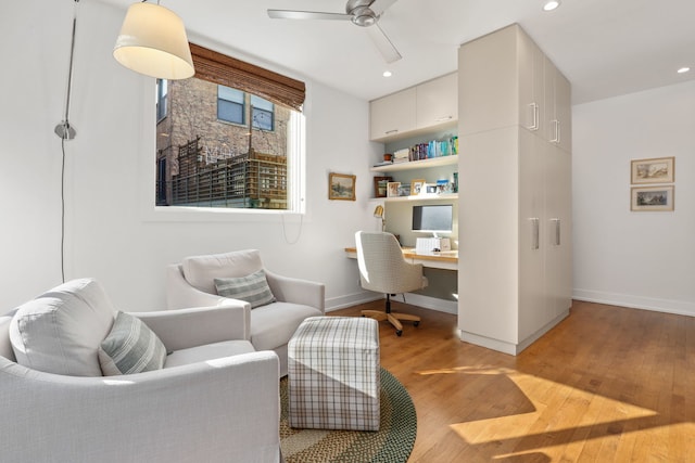 home office featuring recessed lighting, light wood-style floors, baseboards, and ceiling fan