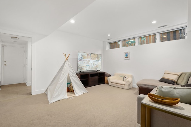 recreation room with recessed lighting, visible vents, baseboards, and carpet