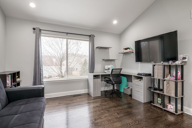 home office with visible vents, dark wood-type flooring, lofted ceiling, recessed lighting, and baseboards