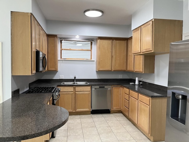 kitchen with a sink, stainless steel appliances, and dark countertops