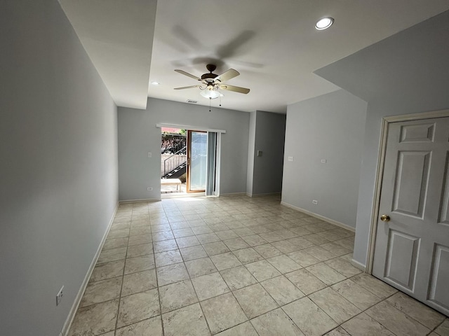 empty room with recessed lighting, a ceiling fan, baseboards, and light tile patterned floors