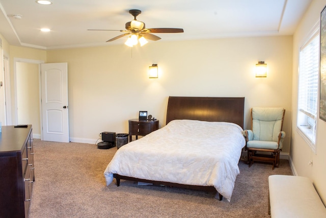carpeted bedroom with a ceiling fan, recessed lighting, and baseboards