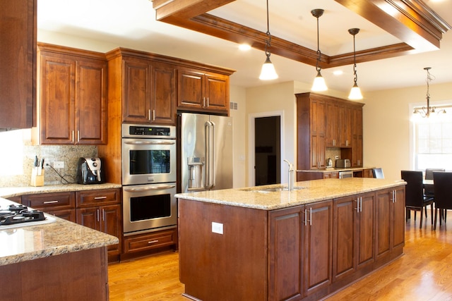 kitchen with light wood finished floors, backsplash, stainless steel appliances, a raised ceiling, and a sink