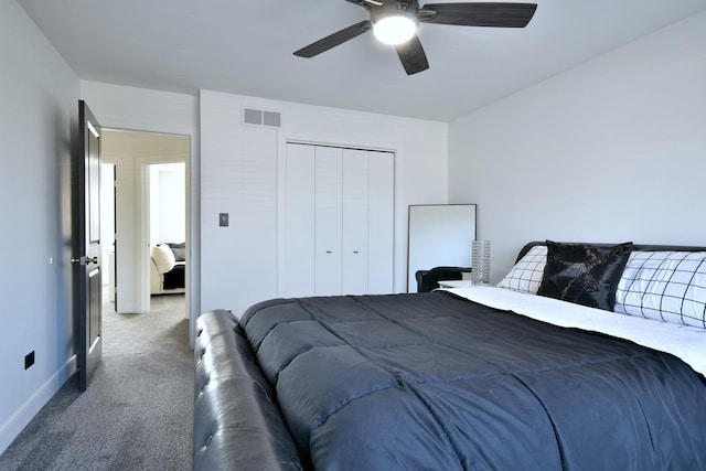 carpeted bedroom featuring visible vents, baseboards, a closet, and ceiling fan