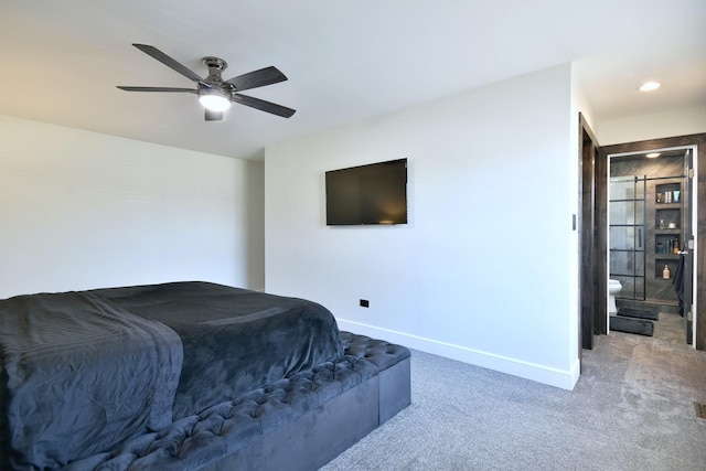 carpeted bedroom featuring recessed lighting, baseboards, and ceiling fan