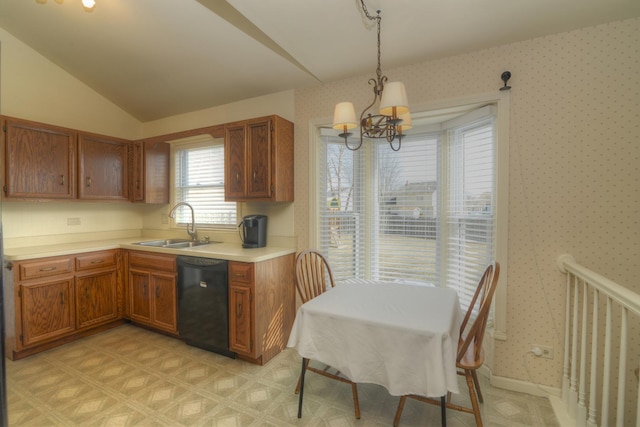 kitchen with wallpapered walls, light countertops, black dishwasher, brown cabinets, and a sink