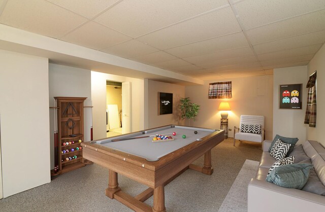 game room with carpet flooring, a paneled ceiling, and billiards