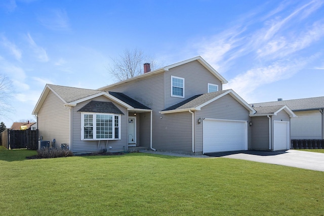 traditional-style house featuring fence, concrete driveway, a front yard, a chimney, and an attached garage