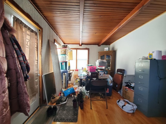 office with wooden ceiling and wood finished floors