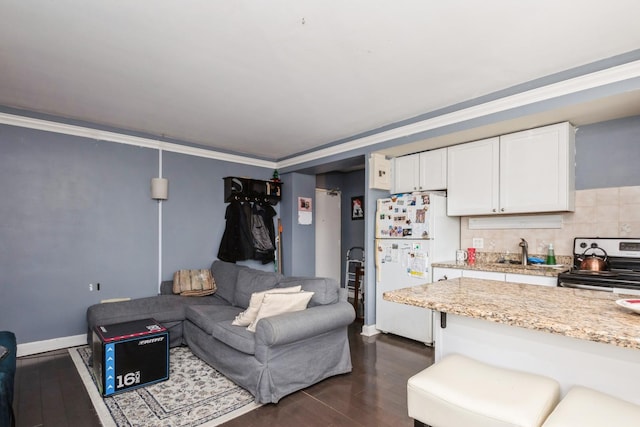 living area featuring dark wood-type flooring, crown molding, and baseboards