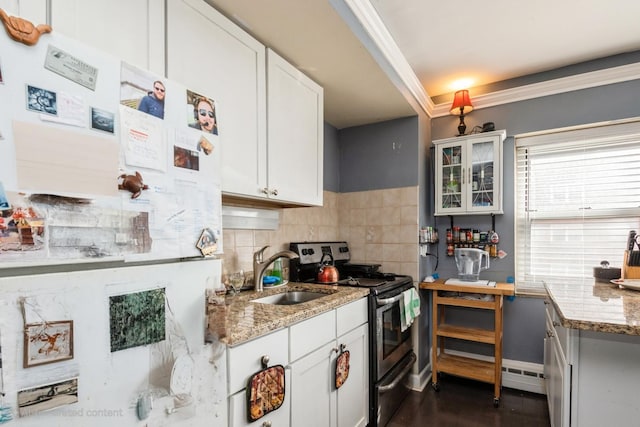 kitchen with a sink, light stone countertops, stainless steel electric stove, and white cabinets