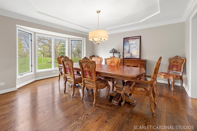 dining area featuring crown molding, an inviting chandelier, a raised ceiling, baseboards, and wood finished floors