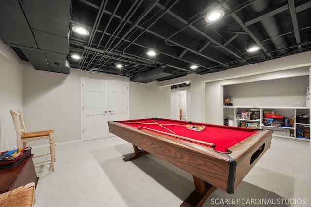 rec room with carpet flooring, pool table, and baseboards
