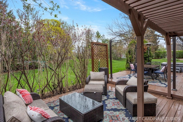 view of patio / terrace with an outdoor hangout area, a pergola, and a deck