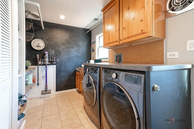 clothes washing area with visible vents, washer and dryer, recessed lighting, cabinet space, and light tile patterned floors