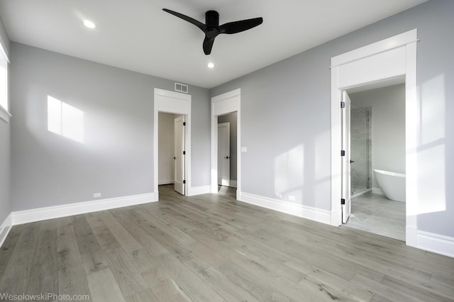 unfurnished bedroom with recessed lighting, visible vents, baseboards, and light wood finished floors