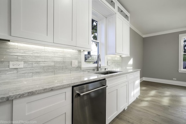 kitchen featuring ornamental molding, a sink, tasteful backsplash, white cabinetry, and dishwasher