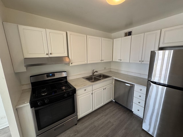 kitchen featuring under cabinet range hood, white cabinetry, stainless steel appliances, and a sink