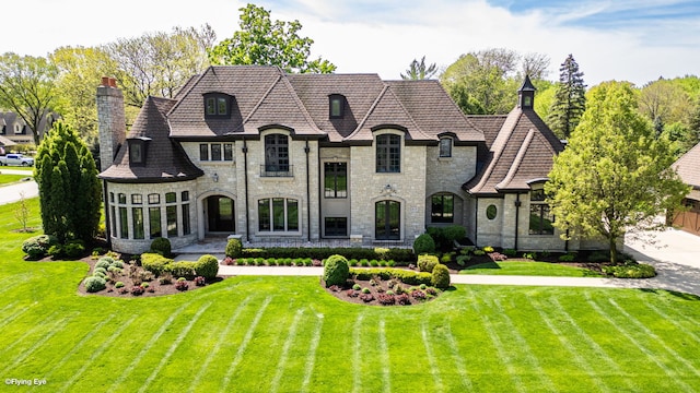 french country home featuring a chimney and a front lawn