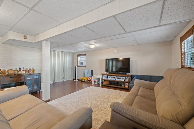 living room featuring a drop ceiling, plenty of natural light, and wood finished floors