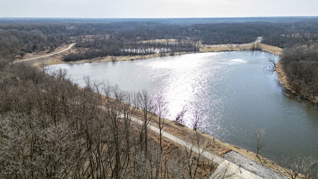 birds eye view of property with a forest view and a water view