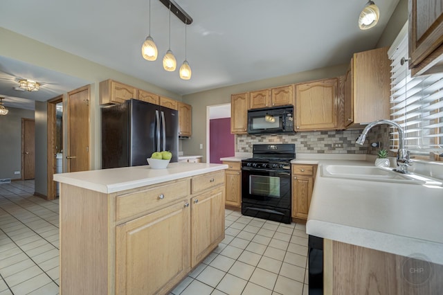 kitchen featuring light tile patterned floors, light brown cabinetry, a sink, black appliances, and backsplash