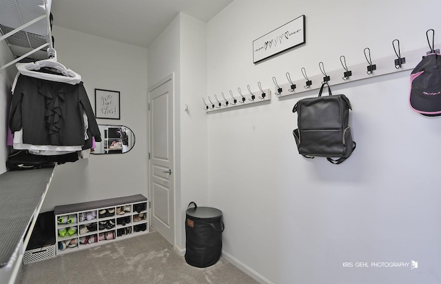 mudroom with baseboards and carpet