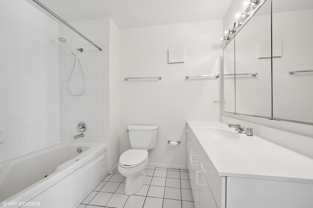 bathroom with tile patterned flooring, baseboards, washtub / shower combination, toilet, and vanity