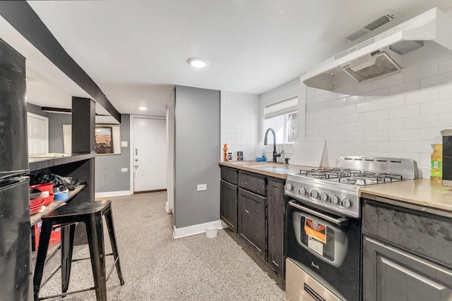 216 W 105th St, Chicago, IL 60628 - kitchen featuring stainless steel gas range oven, a sink, range hood, light countertops, and decorative backsplash
