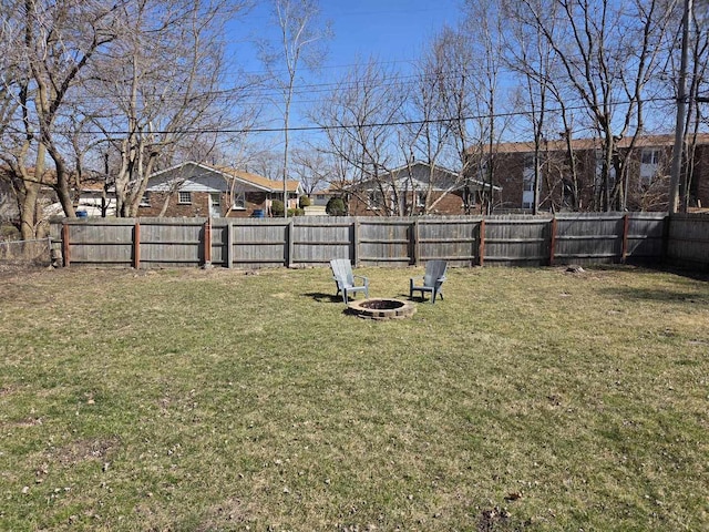 view of yard featuring a fenced backyard and an outdoor fire pit