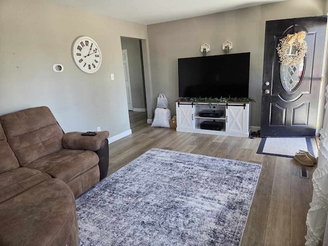 living room with baseboards and wood finished floors