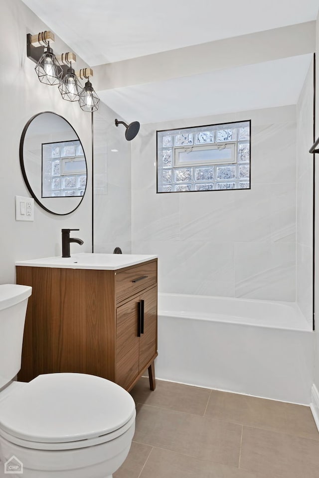 bathroom with tile patterned flooring, vanity, toilet, and shower / bathing tub combination