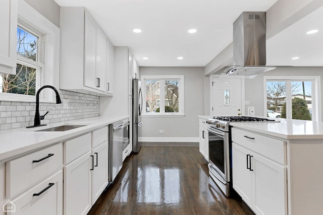 kitchen featuring dark wood finished floors, a sink, decorative backsplash, appliances with stainless steel finishes, and island range hood