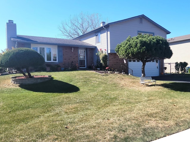 exterior space with a garage, a front lawn, brick siding, and a chimney