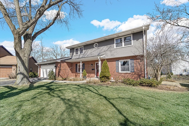 colonial house featuring brick siding, a front yard, covered porch, driveway, and an attached garage